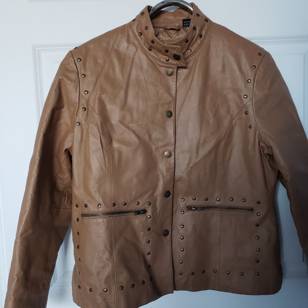 Excelled Vintage Y2K Leather Studded Brown Biker Moto Jacket